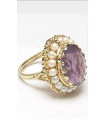 Estate 14K Yellow Gold 8.60 Ct Natural Oval Purple Amethyst And Pearl Ring - £623.04 GBP