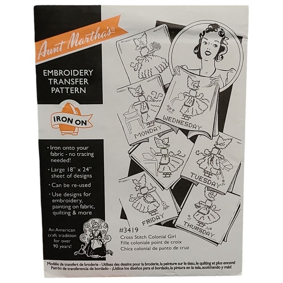 Aunt Martha&#39;s Cross Stitch Colonial Girl Iron-On Transfer Pattern 3419 E... - £5.91 GBP