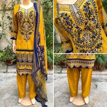 Pakistani Yellow Printed Straight Shirt 3-PCS Lawn Suit w/ Threadwork ,M - $50.64