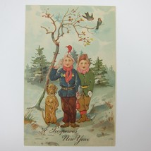 Postcard New Year Boys Soldiers &amp; Dachshund Dog Birds in Tree Embossed Antique - £15.74 GBP