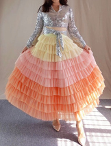 Pink-yellow Layered Tulle Maxi Skirt Women Plus Size Long Tulle Skirt image 2