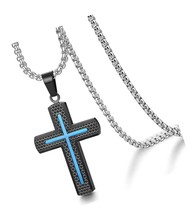 Men&#39;s Stainless Steel Cross Necklace with Black - $109.95