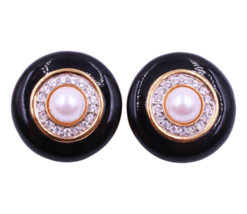 Earrings Designer Inspired Black Enamel Rhinestone Faux Pearl - £63.83 GBP