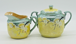 Lusterware Cherry Blossom Creamer Covered Sugar Japan Takito Yellow Green - $23.36