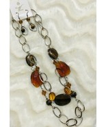 TIGERS EYE AMBER COLOR STONE STATEMENT NECKLACE SET SILVER TONE CHAIN NWT - $22.95 CAD