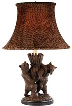 Sculpture Table Lamp Helping Bears Hand Painted OK Casting Feather Fabric Shade - £731.08 GBP