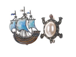 Vintage Germany Sterling enamel Marcasite Ship pin and Thai turtle - $74.25