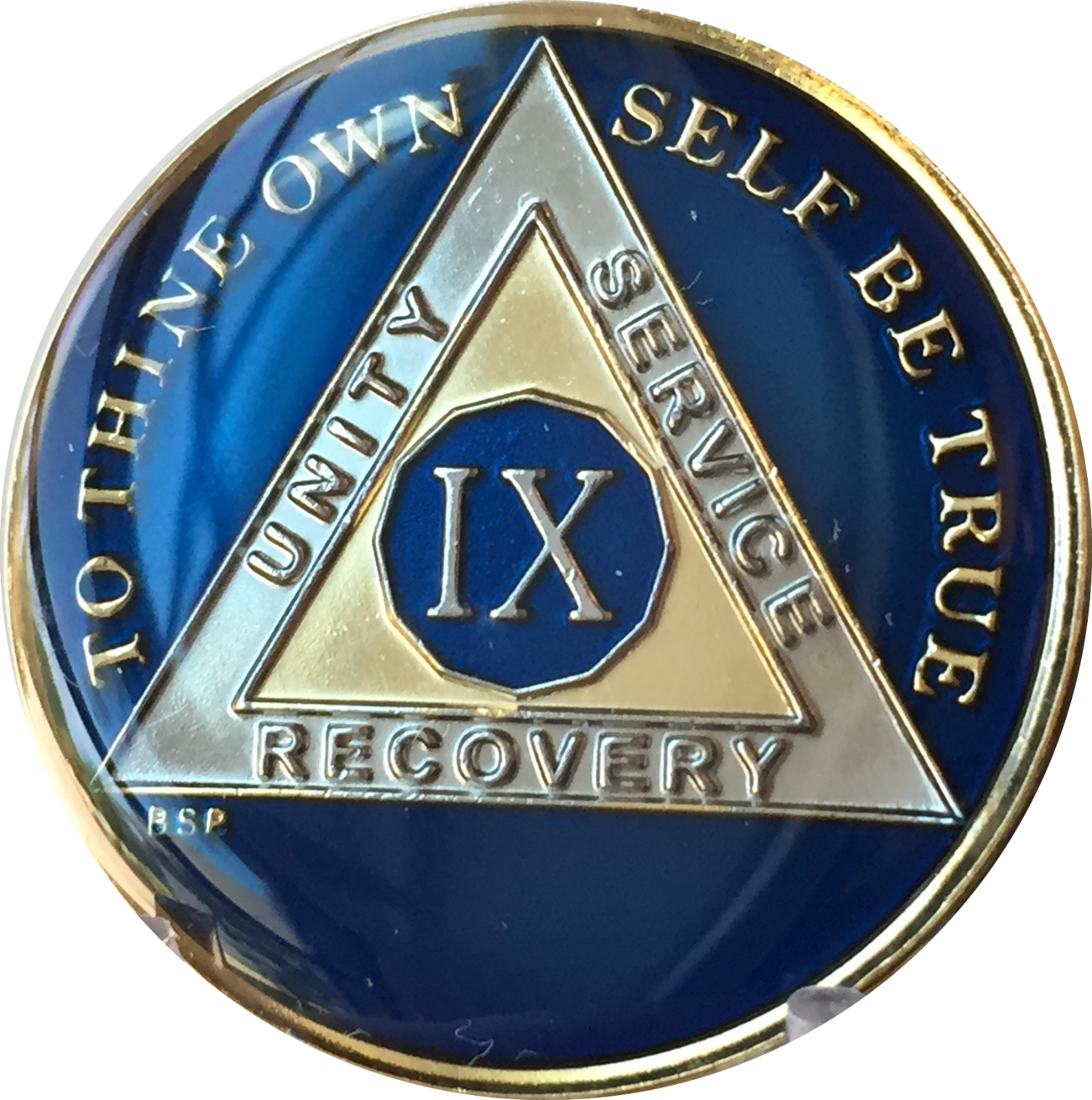 9 Year Midnight Blue AA Medallion Alcoholics Anonymous Chip Gold Tri-Plate IX