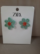 ZARA Aqua Crochet Flower Beaded Earrings NWT - £15.77 GBP