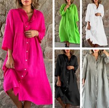 Linen Solid Color Button Long Dress, Plus Size Loose Mini Dress with Pockets - £21.22 GBP