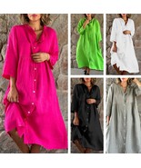 Linen Solid Color Button Long Dress, Plus Size Loose Mini Dress with Poc... - £21.10 GBP