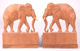 Vintage Pair of Hand Carved Wood Elephant Bookends Pachyderm Wild Animal-Hinged - £33.07 GBP