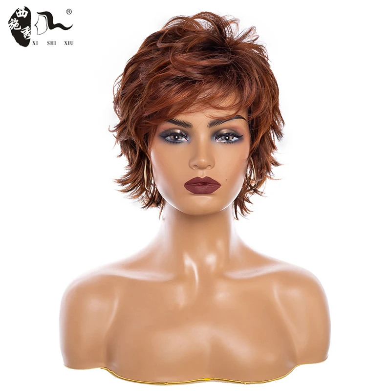 Xishixiu Short Puffy Red Wine Brown Synthetic Natural Wave Wigs Pixie Cut Wi - £17.81 GBP+