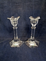 Orrefors Sweden Pair Of Crystal Candlesticks Lotus Flower Top 8&quot; Tall - £99.40 GBP
