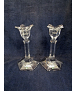 ORREFORS SWEDEN PAIR of CRYSTAL CANDLESTICKS LOTUS FLOWER TOP 8&quot; TALL - £96.75 GBP