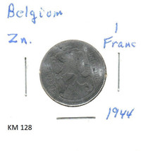 Belgium 1 Franc, 1944, zinc, KM 128 - £0.79 GBP
