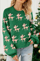 Dark Green Christmas Reindeer Pattern Drop Shoulder Sweater - £44.35 GBP