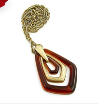 Avon Brown Multi Ring Pendant NECKLACE Vintage Goldtone Medallion 26&quot; Signed - £15.02 GBP