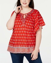 NY Collection Plus Size Flutter-Sleeve Printed Blouse Red 1X New With Tags - £12.64 GBP