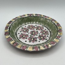 Hand Painted Pink Green Floral Striped Studio Art Pottery Dish Plate Signed 8&quot; - £18.17 GBP