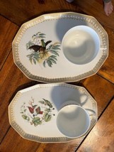 2 Mottahedeh Birds Of Paradise Porcelain Snack Plates &amp; Cups Coimbra Portugal - £30.92 GBP