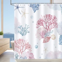 Beach Coral Shower Curtain, Summer Ocean Coastal Starfish Seashell Blue Pink Bat - $32.99