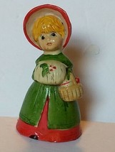  Jasco Taiwan Christmas Ceramic Bell Lady in Bonnet with Muff White Green Red  - $4.90