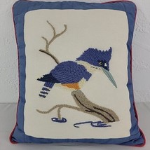 Bird Crewel Pillow Handmade Blue Finished Hand Embroidered Kingfisher MCM Vtg - $18.95