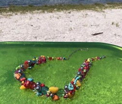 Fun Turquoise Rainbow Colors Beaded Necklace 16-18&quot; Solid Translucent Adjustable - £15.65 GBP