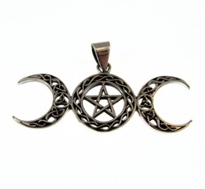 Solid 925 Sterling Silver Celtic Triple Moon Goddess Pentacle Pentagram Pendant - £22.29 GBP