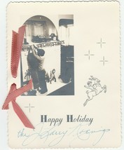 Vintage Christmas Card Photo Boy Decorates Fireplace Mantle 1950&#39;s - £6.19 GBP