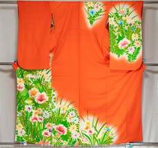 Orange with Green Leaves &amp; Colorful Flowers Kofurisode - Vintage Silk Formal Wom - £49.49 GBP