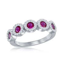 Sterling Silver Round White &amp; Ruby CZ Half Eternity Ring - £36.64 GBP