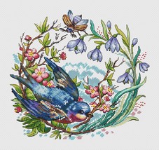 Swallow cross stitch wreath pattern pdf - Spring cross stitch flowers em... - $16.99