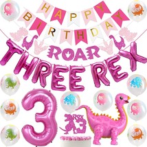 Dinosaur Party Decorations For Girls, Three Rex Banner Cake Topper, Roar Garland - £28.83 GBP