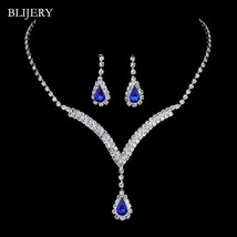 BLIJERY Royal Blue Crystal Bridal Jewelry Sets V Shaped Teardrop Choker Necklace - £19.02 GBP