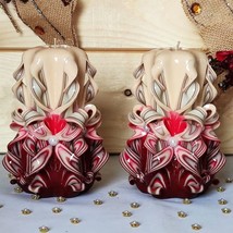 Carved Candles Home Decor Handmade Design Gift Hand Cream Burgundy Set Of Two - £37.75 GBP