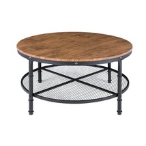 FarmHome Industrial Wood Steel Coffee Table 2-Tier Round with Storage Shelves - £191.41 GBP