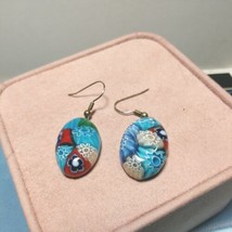 Vintage Unique Multi Color Oval Glass Cabochon Earrings Silver French Wires  - £16.76 GBP
