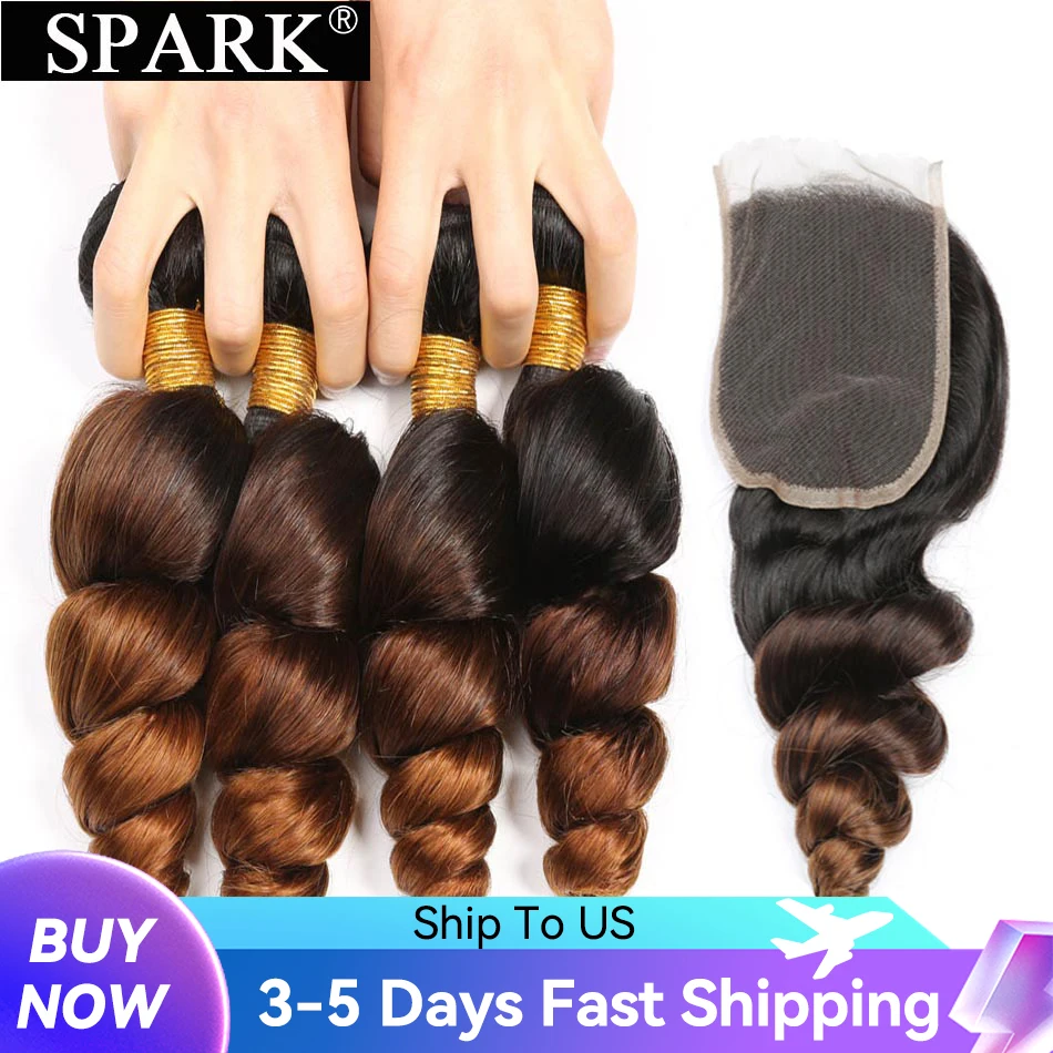 Spark Ombre Peruvian Loose Wave Bundles with Closure Remy Hair Extension Human - $100.16+