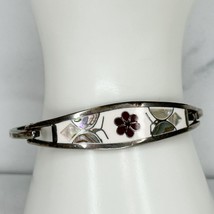 Vintage Mexico Silver Tone Abalone Butterfly Flower Inlay Hinge Bangle B... - £19.70 GBP