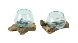 Set of 2 Blown Molten Glass On Teak Driftwood Decorative Bowls Vases Terrariums - £55.55 GBP