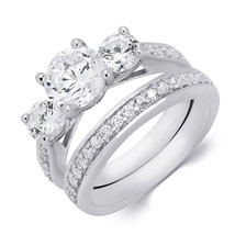 1.5 Carat Round Cut 3-Stone Wedding Band Engagement Ring Set Bridal Solid Silver - £69.01 GBP