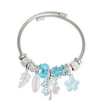Silver Twisted Cable Classic Blue Epoxy Clover, Flower Charms Bangle Bracelet - $29.40