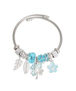 Silver Twisted Cable Classic Blue Epoxy Clover, Flower Charms Bangle Bra... - £19.50 GBP