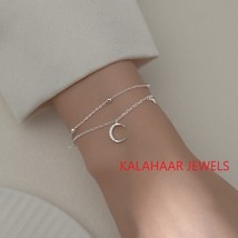 Sterling Silver Double Chain Bracelet, Crescent Moon and Star Charm Bracelet - £103.24 GBP