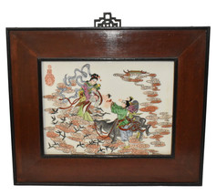 Vtg Chinese Framed Porcelain Tile Painting Hand Painted Textured Art 18&quot; x 14.5&quot; - £155.87 GBP