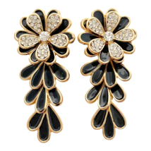 Earrings Black Rhinestone Flower Tiered Moving Petals Post Stud 2&quot; Dangle Drop - £11.21 GBP