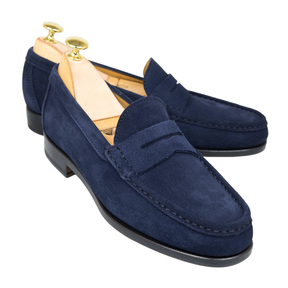 Men's Navy Blue Color Suede Penny Loafer Slip On Genuine Leather Shoes US 7-16