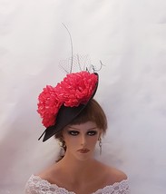 BLACK &amp; RED HAT Fascinator Long Quill Feathers Red flowers French nettin... - £46.80 GBP